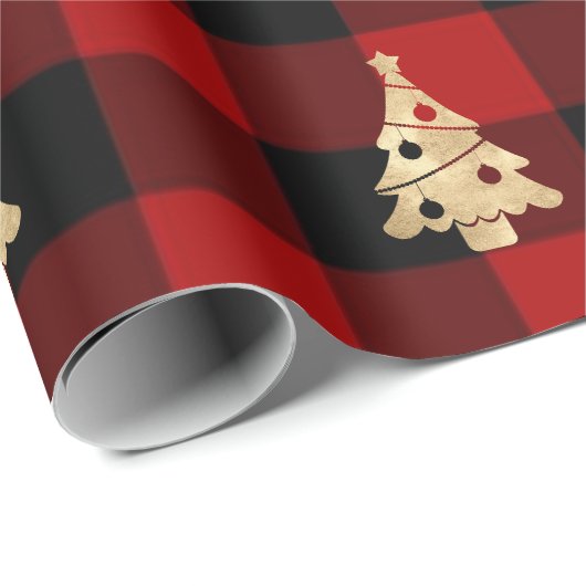 Buffalo Kariert Lomberjack Weihnachtsbaum Gold Geschenkpapier (Rolleneckpunkt)