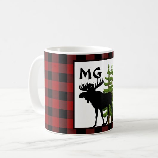 Buffalo Kariert mit Monogram und Elch Design Kaffeetasse (Vorderseite Links)