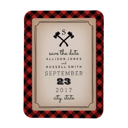 Buffalo Kariert Monogram Ax Save the Date Magnet (Vertikal)