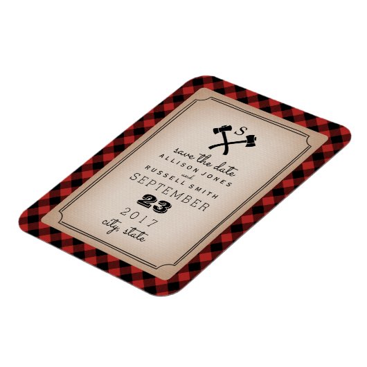 Buffalo Kariert Monogram Ax Save the Date Magnet (Linke Seite)