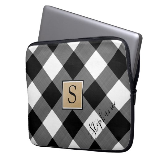 Buffalo Kariert Monogram Script Name Schwarz-weiß Laptopschutzhülle (Vorderseite Links)