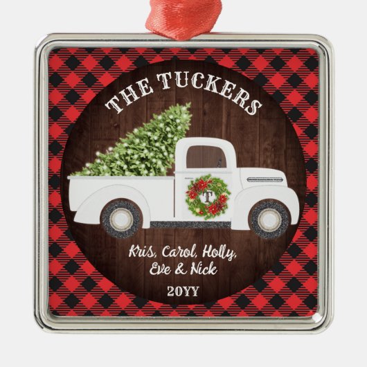 Buffalo Kariert Monogram White Christmas Truck Ornament Aus Metall (Vorne)