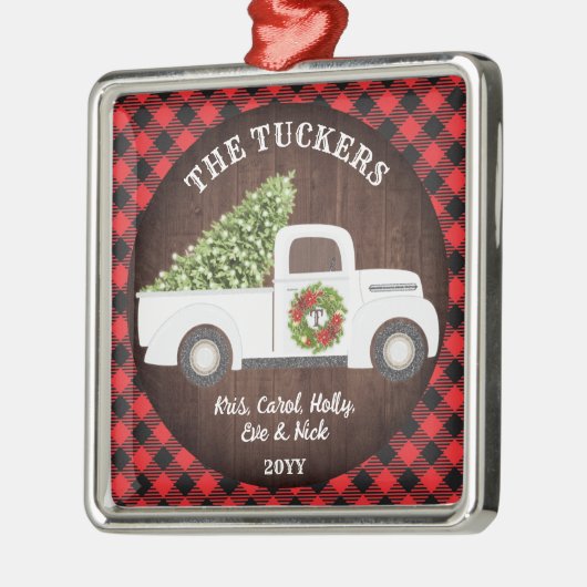 Buffalo Kariert Monogram White Christmas Truck Ornament Aus Metall (Links)
