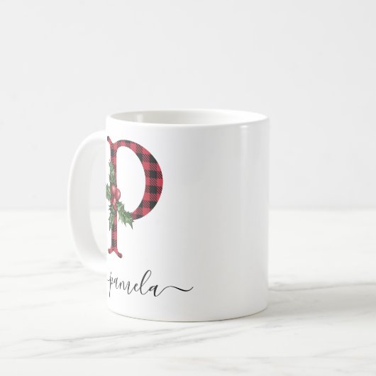 Buffalo Kariert P Monogram Weihnachtskaffee Tasse (Vorderseite Links)