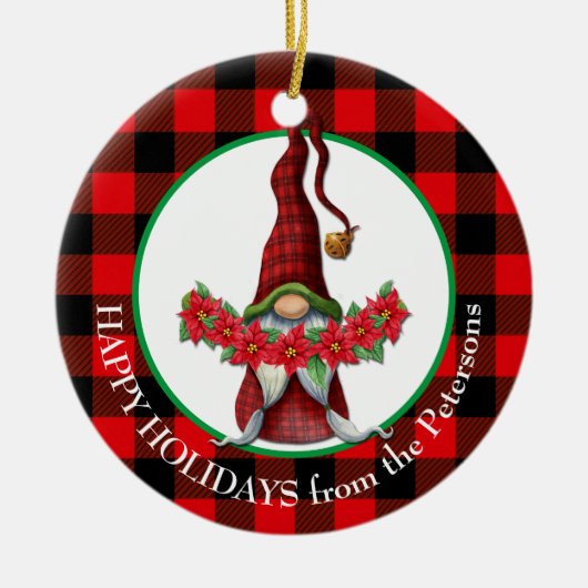 Buffalo Kariert Poinsettia Gnome Keramik Ornament (Vorne)