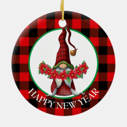 Buffalo Kariert Poinsettia Gnome Keramik Ornament (Hinten)