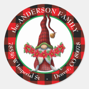 Buffalo Kariert Poinsettia Gnome Rücksendeadresse Runder Aufkleber