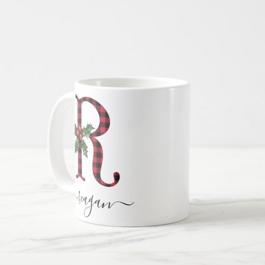 Buffalo Kariert R Monogram Weihnachtskaffee Tasse (Vorderseite Links)