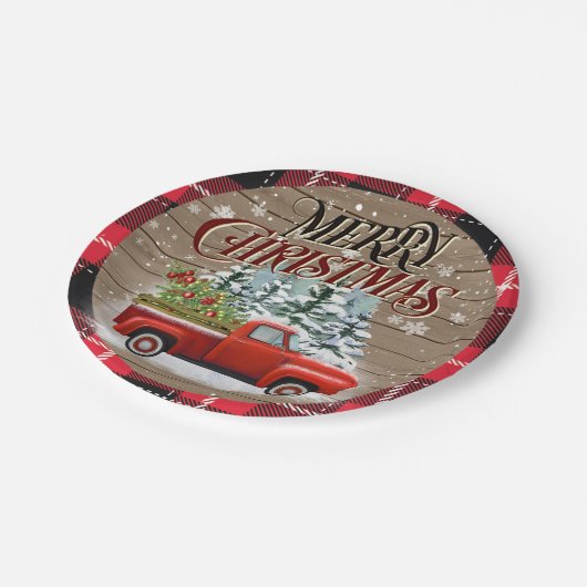 Buffalo Kariert Rustikal Roter Lieferwagen LKW Pappteller (Schrägansicht)