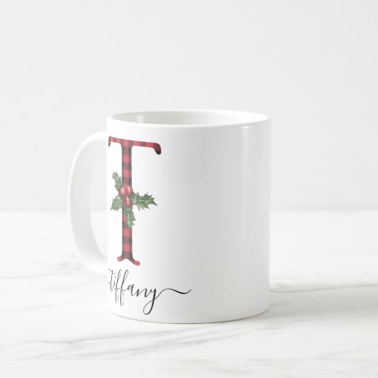Buffalo Kariert T Monogram Weihnachtskaffee Tasse (Vorderseite Links)