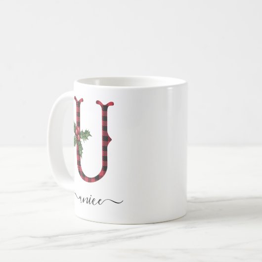 Buffalo Kariert U Monogram Weihnachtskaffee Tasse (Vorderseite Links)