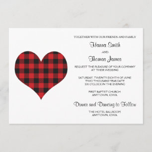 Buffalo Kariert Wedding Black Red Heart Einladung