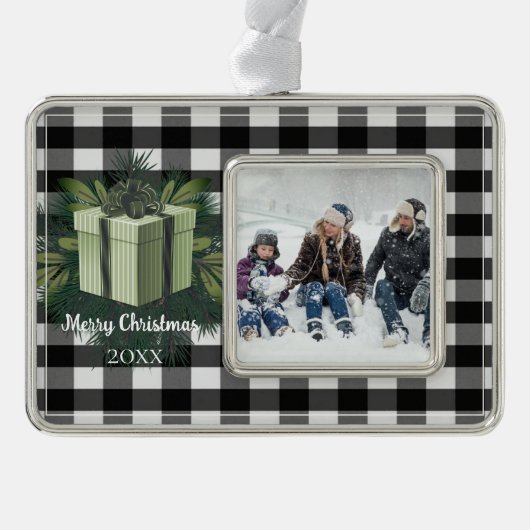 Buffalo Kariert Weihnachtsgeschenk | Grün Rahmen-Ornament Silber (Vorderseite)
