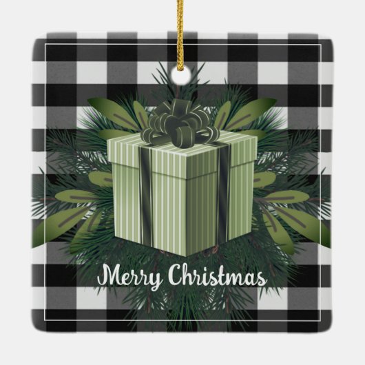 Buffalo Kariert Weihnachtsgeschenk | Grüner Urlaub Keramikornament (Rückseite)