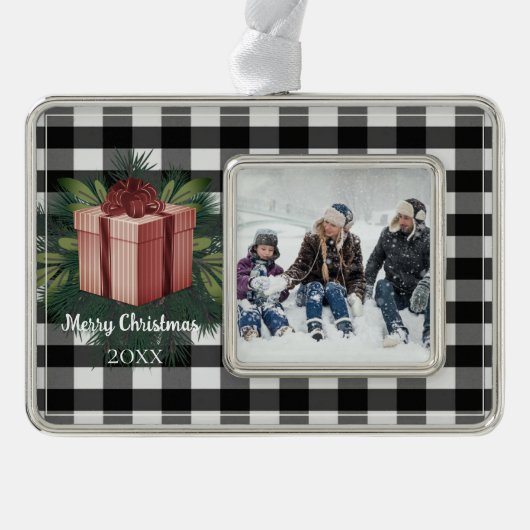 Buffalo Kariert Weihnachtsgeschenk | Rot Rahmen-Ornament Silber (Vorderseite)