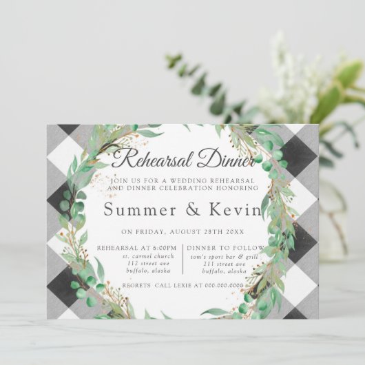 Buffalo Kariert Wreath Gold Probe Abendessen Einladung (Stehend Vorderseite)