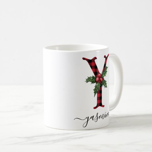 Buffalo Kariert Y Monogram Weihnachtskaffee Tasse (VorderseiteRechts)