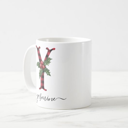 Buffalo Kariert Y Monogram Weihnachtskaffee Tasse (Vorderseite Links)