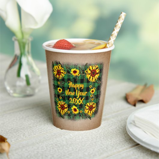 Buffalo Karierte Sonnenblumen Frohes Neues Jahr 20 Pappbecher (In Situ)