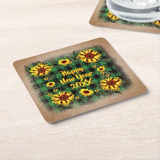 Buffalo Karierte Sonnenblumen Frohes Neues Jahr 20 Rechteckiger Pappuntersetzer (angewinkelt)