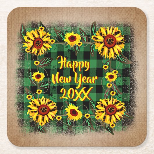 Buffalo Karierte Sonnenblumen Frohes Neues Jahr 20 Rechteckiger Pappuntersetzer (Vorderseite)