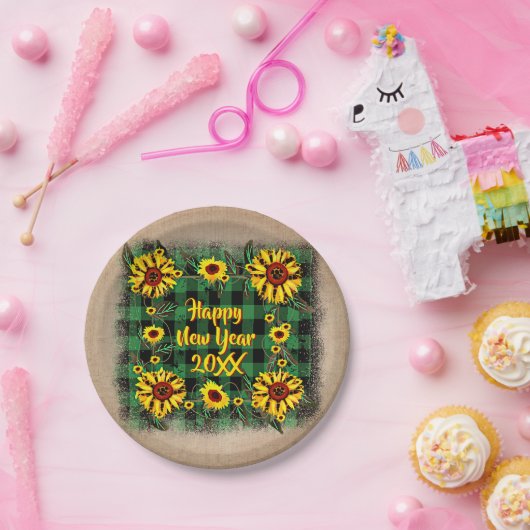 Buffalo Karierte Sonnenblumen Happy New Year 20xx Pappteller (Party)