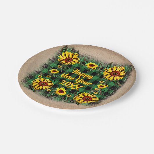 Buffalo Karierte Sonnenblumen Happy New Year 20xx Pappteller (Schrägansicht)