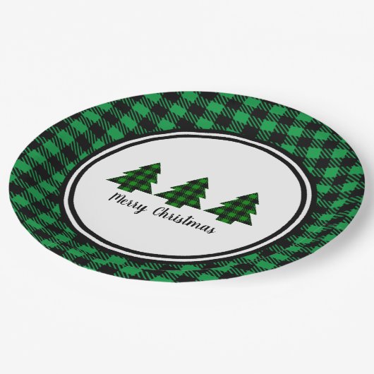 Buffalo Karierte Weihnachtsbaume und Grenze Pappteller (Schrägansicht)