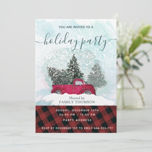Buffalo karierter roter LKW Winterurlaub invi Einladung (Stehend Vorderseite)