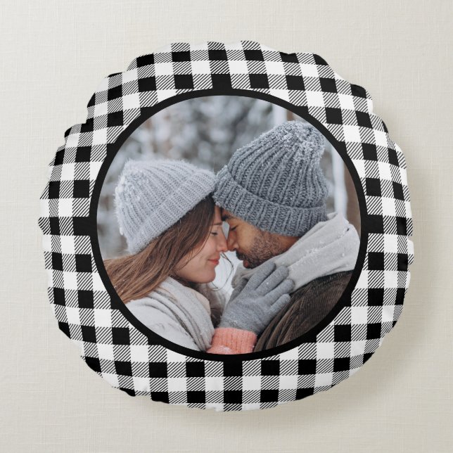 Buffalo Karierter Schwarz-weißer Fall Rundes Kissen (Vorderseite)