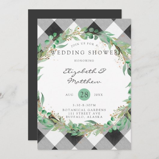 Buffalo Karierter Weihnachtskranz Gold Polterabend Einladung (Vorne/Hinten)