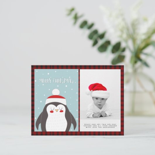 Buffalo Kariertes Foto Xmas Neujahr Folkart Pingui Postkarte (Stehend Vorderseite)