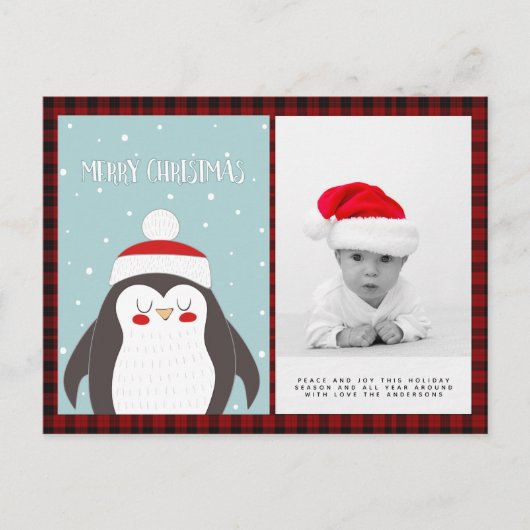 Buffalo Kariertes Foto Xmas Neujahr Folkart Pingui Postkarte (Vorderseite)