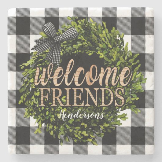 Buffalo Karo Black and White Boxwood Wreath Steinuntersetzer (Vorderseite)