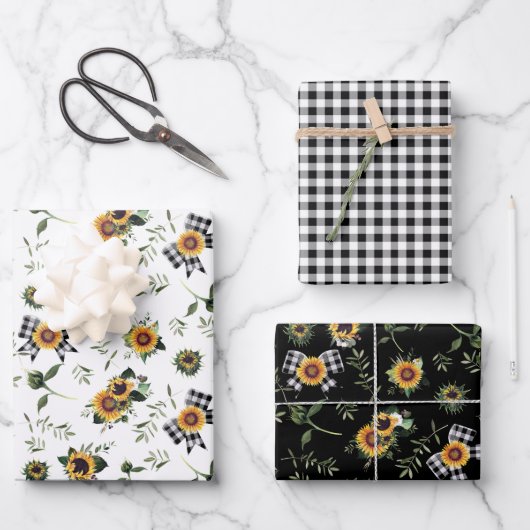 Büffalo Karo Bow & Sunflower Trio Wrapping Paper Geschenkpapier Set (Vorderseite)