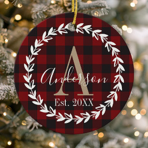 Buffalo-Karo-Monogramm-Kranz-Familien-Weihnachten Keramik Ornament