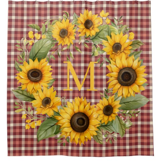 Buffalo Karo Sonnenblumen Monogramm Duschvorhang (Vorderseite)