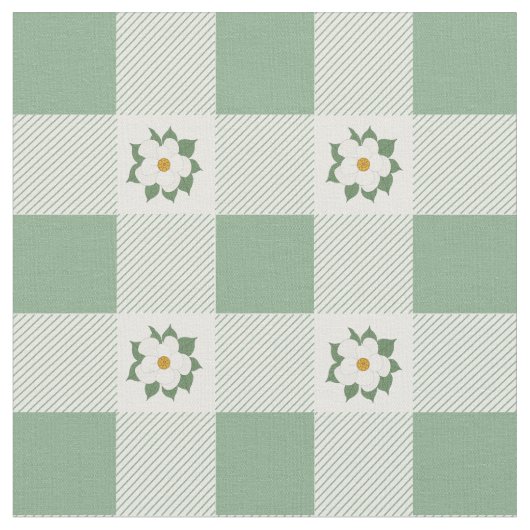 Buffalo Karo und Magnolias Blumenmuster Grün Stoff (Nahaufnahme)