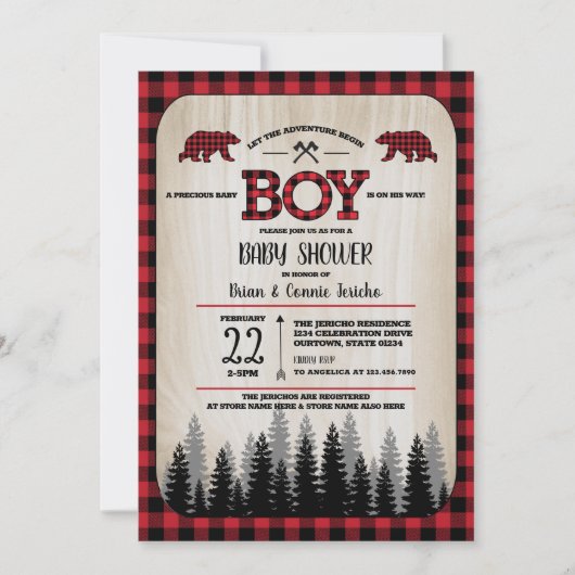 Buffalo Karo Woodland Lumberjack Babydusche Einladung (Vorderseite)