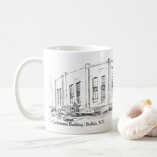 Buffalo NY Cyclorama Gebäude Pen und Tintenskizze Kaffeetasse (Mit Donut)