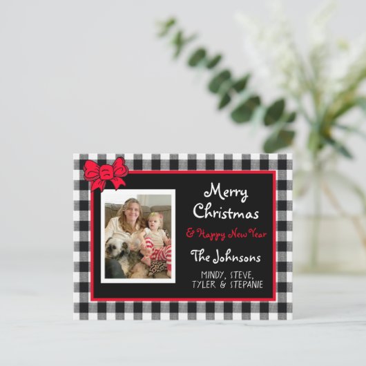 Buffalo Plaid and Red Bow Photo Christmas  Postkarte (Stehend Vorderseite)