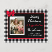 Buffalo Plaid and Red Bow Photo Christmas  Postkarte (Vorderseite)