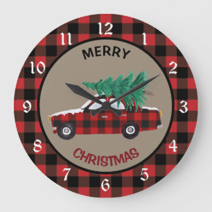 Buffalo Plaid Christmas Car Große Wanduhr