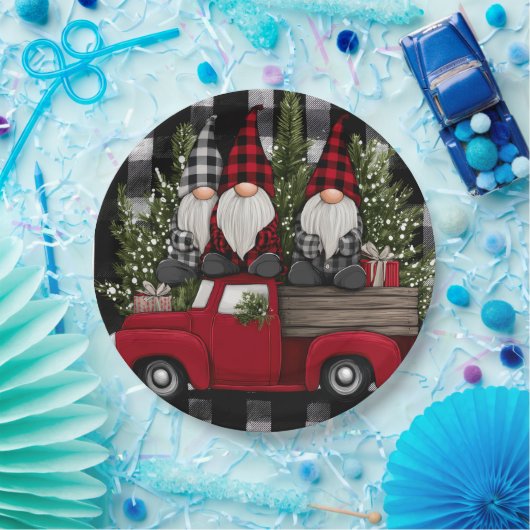 Buffalo Plaid Gnomes Holiday Truck Paper Plates Pappteller (Party)