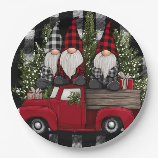 Buffalo Plaid Gnomes Holiday Truck Paper Plates Pappteller (Vorderseite)