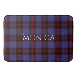Buffalo plaid navy blue red monogram name badematte