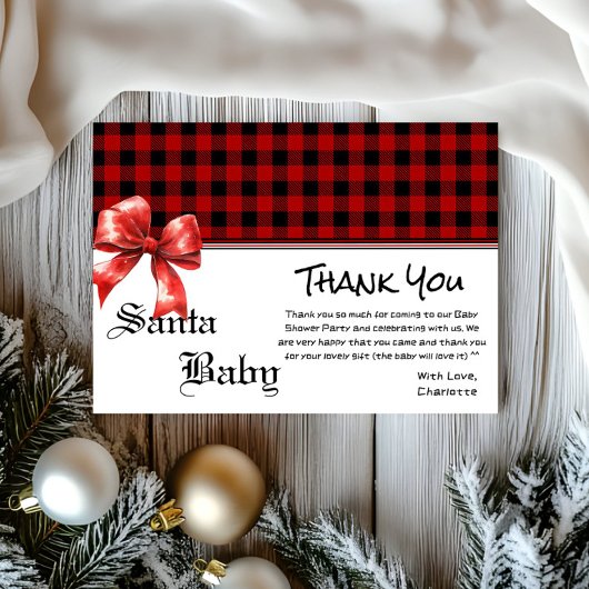 Buffalo Plaid Watercolor Red Bow Baby Shower Dankeskarte