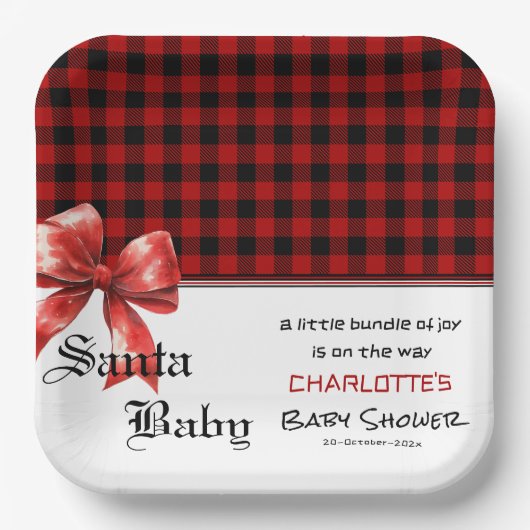 Buffalo Plaid Watercolor Red Bow Baby Shower Pappteller (Vorderseite)