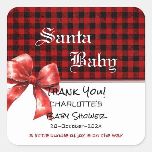 Buffalo Plaid Watercolor Red Bow Baby Shower Quadratischer Aufkleber (Vorderseite)