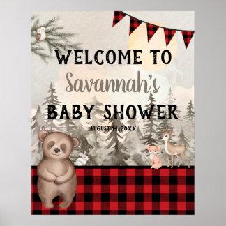 Buffalo Plaid Woodland Animals Welcome Poster